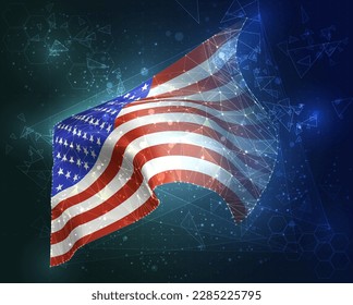 USA, America,  vector flag, virtual abstract 3D object from triangular polygons on a blue background