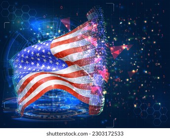 USA, America,  vector flag, virtual abstract 3D object from triangular polygons on a blue background