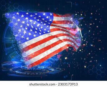 USA, America,  vector flag, virtual abstract 3D object from triangular polygons on a blue background