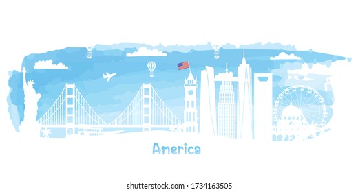 USA America water color Travel postcard, poster, tour advertising of world famous landmarks. Vectors illustrations