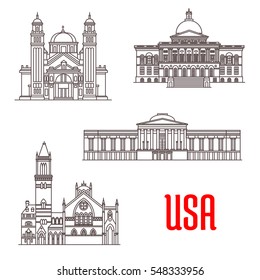 USA american architecture landmarks. St. James Cathedral, Massachusetts State House, National Gallery of Art, Old South Church. Vector thin line icons of famous buildings for souvenirs, postcard