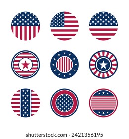 USA american flag circle label. American colors patterned buttons, round patriotic emblems, stars and stripes, United States. Quality certificates stickers, patriotic signs vector set