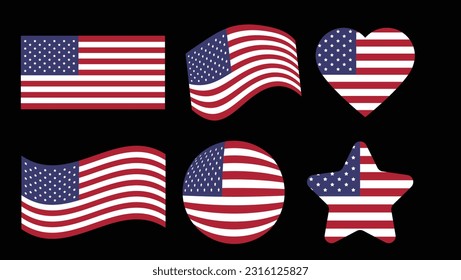 usa american flag icon wave circle, heart, and star shape vector illustrator with black  background