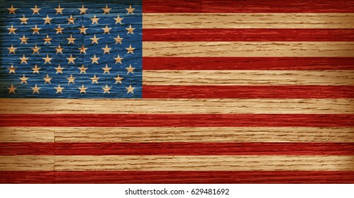 USA, American Flag Painted On Old Wood Plank Background. Realistic Vector