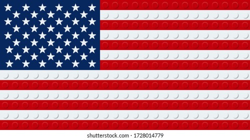 USA American Flag from plastic building bricks blocks toy. Blue background. vector illustration.