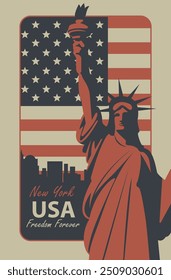 USA American flag with the Statue of Liberty on background of silhouettes of New York skyscrapers. Vector banner, poster, flyer, t-shirt design, greeting card or design element in flat style