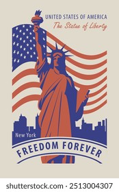 USA American flag with the Statue of Liberty on background of silhouettes of New York skyscrapers. Vector banner, poster, flyer, t-shirt design, greeting card or design element in flat style