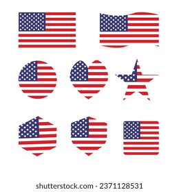 usa american flag vector  icon in circle, wave, square shape. Independence day badge and label. United States of America flag on white background.