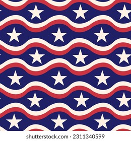 USA American flag white stars with red waves on blue background seamless pattern. for fourth of July backgrounds, American posters, fabric and textile 