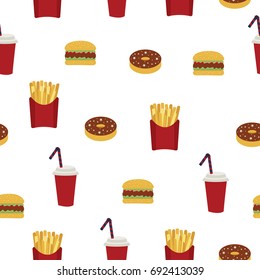 USA. American food, fast food. French fries, hamburger, burger, drink, donut. Cute vector seamless pattern. All elements are  hidden under mask. Pattern are not cropped and can be edited.