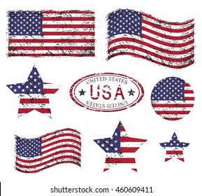 USA American grunge flag set, isolated on white background, vector illustration.