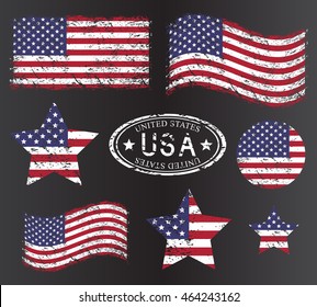 USA American grunge flag set, isolated on black background, vector illustration.