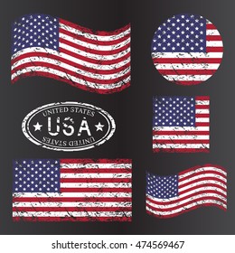 USA American grunge flag set, isolated on black background, vector illustration.