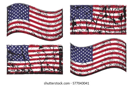 USA American grunge flag set, isolated on white background, vector illustration.