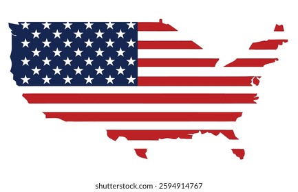 The USA American map flag has red and white stripes and white stars on a blue color, the United States of America map flag vector illustration.