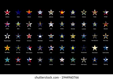 USA American states all flags in alphabetical order. All 50 US states vector flags set. Star-shaped flag buttons with all the states names.