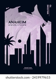 USA Anaheim city poster with abstract skyline, cityscape, landmark and attraction. US California state travel vector illustration layout for vertical brochure, website, flyer, presentation