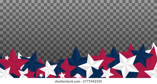 USA Anniversary background template with cluster of faceted stars in patriotic red, white, and blue. United States 250 years semiquincentennial celebration vector background. USA independence day commemorative design with stars