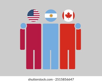 USA, Argentina, and Canada National Flags With Embracing Body. Vector Illustration. Isolated background.
