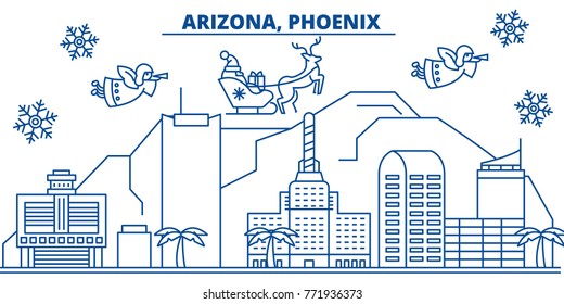 USA, Arizona, Phoenix winter city skyline. Merry Christmas and Happy New Year decorated banner. Winter greeting card with snow and Santa Claus. Flat, line vector. Linear christmas illustration