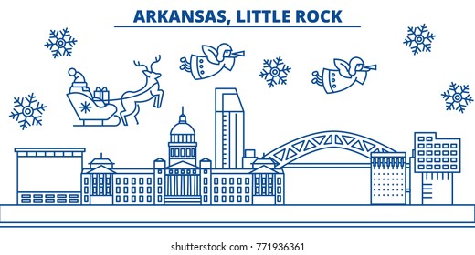 USA, Arkansas, Little Rock winter city skyline. Merry Christmas and Happy New Year decorated banner. Winter greeting card with snow and Santa Claus. Flat, line vector. Linear christmas illustration