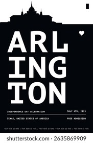 USA Arlington typography minimalist vector poster for event, national festival, independence day, holiday layout. Brochure, leaflet, flyer, presentation monochrome image template for America, Texas