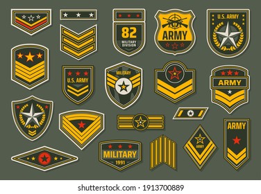 USA Armed Forces Badges, Military Service Staff Ranks Insignia. Army Emblems, Shoulder Chevrons Or Epaulets With Stars, Rate Stripes And Service Rifles On Khaki Background Vector