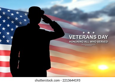 USA army soldier saluting on a background of sunset. USA flag. Veterans Day, Memorial Day, Independence Day background. National holidays concept. EPS10 vector