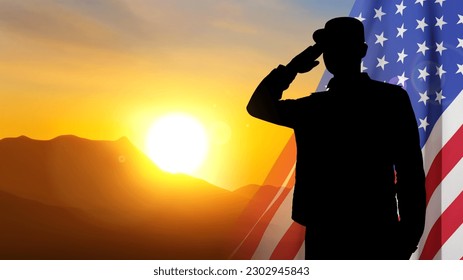 USA army soldier saluting on a background of sunset. Veterans Day, Memorial Day, Independence Day background. EPS10 vector