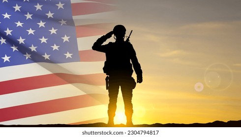 USA army soldier saluting on a background of sunset. Veterans Day, Memorial Day, Independence Day background. EPS10 vector