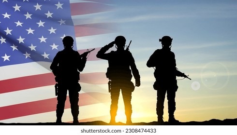 USA army soldiers on a background of sunset. Veterans Day, Memorial Day, Independence Day background. EPS10 vector