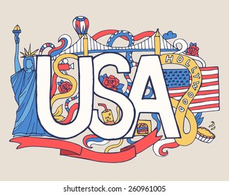 USA art abstract hand lettering and doodles elements background. Vector illustration for colorful template for you design, web and mobile applications.