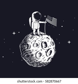 USA Astronaut Explored The Moon And Sets American Flag.Space Walk On Lunar Surface.Hand Drawn Vector Illustration