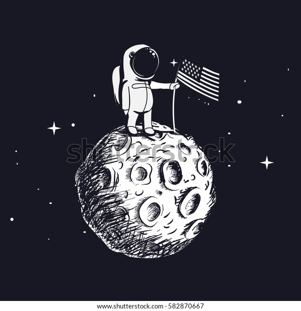 USA\
astronaut explored the moon and sets american flag.Space walk on\
lunar surface.Hand drawn vector\
illustration