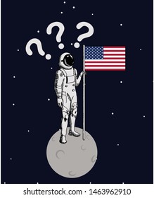 USA Astronaut raise the flag on the moon vector illustration. Question USA astronaut on the moon