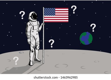 USA Astronaut raise the flag on the moon vector illustration. Question USA astronaut on the moon