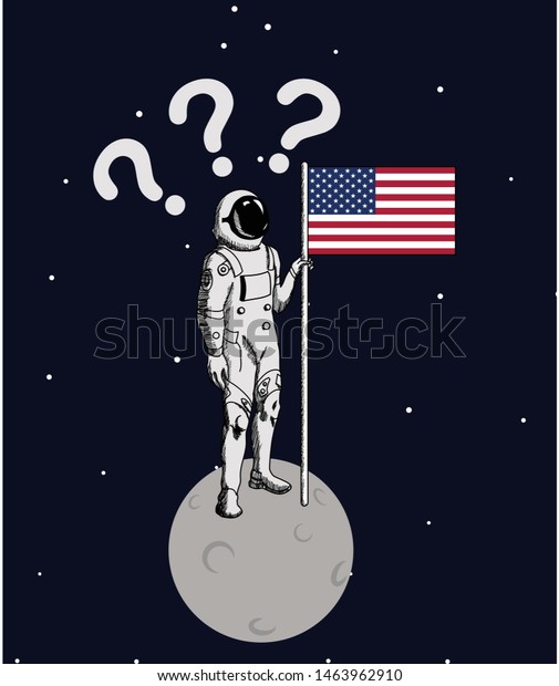 USA Astronaut raise the flag on\
the moon vector illustration. Question USA astronaut on the\
moon