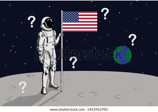 USA Astronaut raise the flag on\
the moon vector illustration. Question USA astronaut on the\
moon