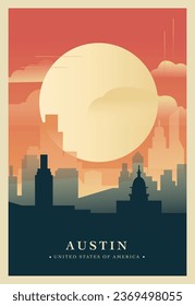 USA Austin Stadt Brutalismus Poster mit abstrakter Skyline, cityscape Texas Retro Vektorgrafik. Titelbild des US-Reiseführers, Broschüre, Flyer, Broschüre, Broschüre, Geschäftspräsentation