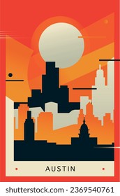 USA Austin Stadt Brutalismus Poster mit abstrakter Skyline, cityscape Texas Retro Vektorgrafik. US-Staatsreiseführerabdeckung, Broschüre, Flyer, Broschüre, Broschüre, Grunge-Grafik, Vorlagenbild
