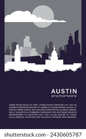 USA Austin city minimalistic poster with skyline, cityscape retro vector illustration. US Texas state abstract travel front cover, brochure, flyer, leaflet, flier, template, layout