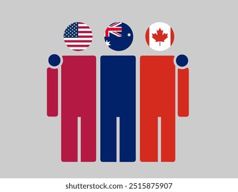 USA, Australia, and Canada National Flags With Embracing Body. Vector Illustration. Isolated background.