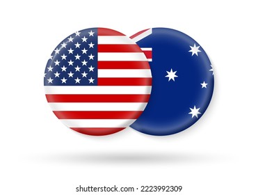USA and Australia circle flags. 3d icon. Round Australian and American national symbols. Vector illustration.