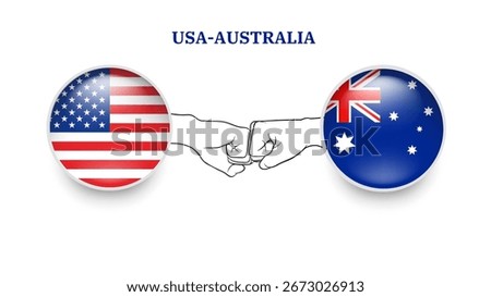 usa and australia flags in circle with punches hand. usa And australia clash. usa And australia flags, isolated on white background. Vector icon set. Vector illustration.