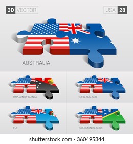 USA and Australia, Papua New Guinea, New Zealand, Fiji, Solomon Islands Flag. 3d vector puzzle. Set 28.
