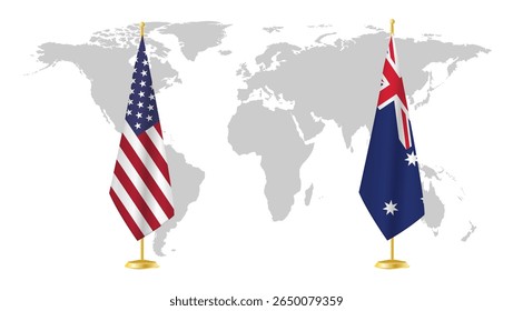 Estados Unidos e Austrália ostentam bandeiras no fundo do mapa mundial. Simbólico de relações diplomáticas, unidade e parceria Indo-Pacífico. Design de conceito internacional renderizado em 3D.