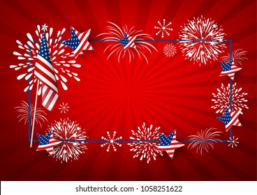 USA background design of america flag and fireworks with line frame vector illustration