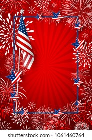 USA background design of america flag and fireworks with line frame vector illustration