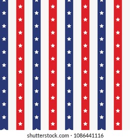 USA background seamless pattern. Composition with blue, red strips and white stars. Vector illustration.