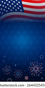 USA Background vector illustration. American flag and fireworks celebrate frame on star pattern background